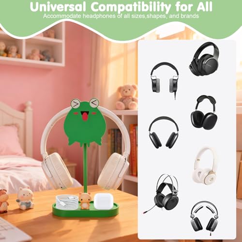 Frog Cute Headphone Stand with Storage Tray, HSSZXFR Decorative Wooden Headphone Stand Hanger with Cable Holder, Desk Decor Gaming Gifts for Player Girlfriend Office Worker, Headset Holder Accessories