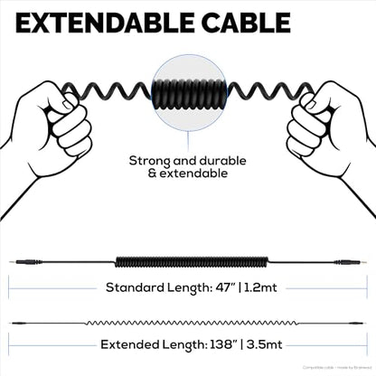 BRAINWAVZ Coiled Replacement Audio Cable Compatible with Audio-Technica ATH-M50x M40x M70x M60x – 2.5mm to 3.5mm Gold-Plated Jacks with 6.5mm Adapter Rubber Coated Extendable 1.2m/47”–3.5m/138