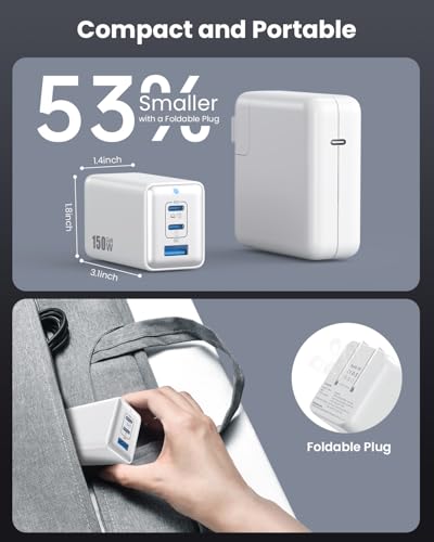 150W USB C Charger Block,GaN III Compact Foldable Wall Charger 3 Port Fast Charging Station,PD QC PPS Portable USB C Hub 100W Laptop Adapter for MacBook Pro/Air,iPad,iPhone 16/Pro,Galaxy S24,Dell etc - color: White