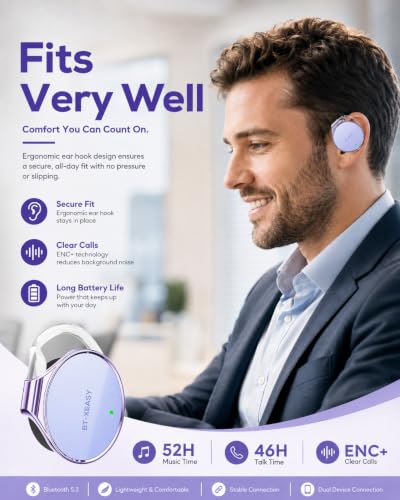 On Ear Headphones Bluetooth 5.4, Noise Cancelling Open Ear Headphones Wireless, Water-Drop Shaped Clip On Sport Headset Bluetooth with 4 Microphone, Comfort Fit Earphones with Long Battery Life - color: Light-Lavender