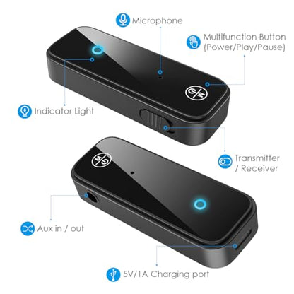 Bluetooth 5.4 AUX Adapter for Car, 2 in 1 Bluetooth Transmitter Receiver for TV Headphones Home Stereo Speaker, Hands-Free Calls, 3.5mm Wireless Audio Adapter - color: Black