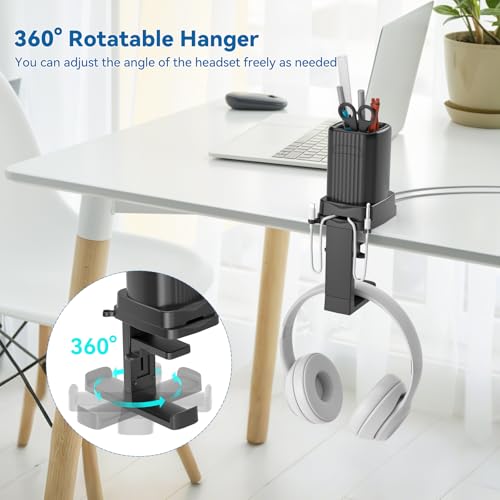KDD Rotatable Headphone Holder with Cord Organizer - 3 in 1 Desk Clamp Pencil Holder & Headset Hanger - Pen Organizer for Office Accessories Charging Cables