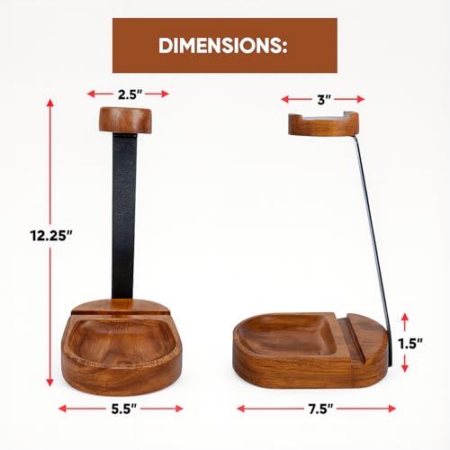 Headphone & Phone Stand, Dual Acacia Wood Holder with Tray, Desk Organizer | Solid wood headset & phone stand with tray for gaming & home office desks, universal fit for most headphones & cell phones - style: Wooden Headset Cell Phone Holder