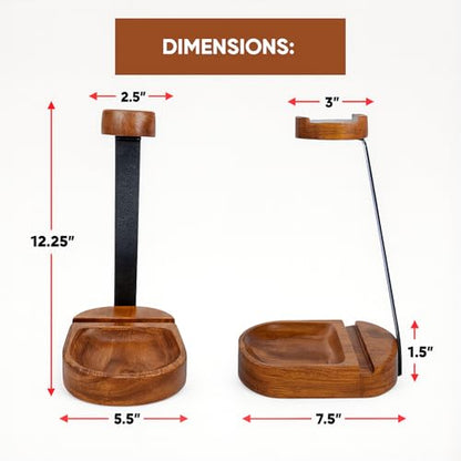 Headphone & Phone Stand, Dual Acacia Wood Holder with Tray, Desk Organizer | Solid wood headset & phone stand with tray for gaming & home office desks, universal fit for most headphones & cell phones - style: Wooden Headset Cell Phone Holder