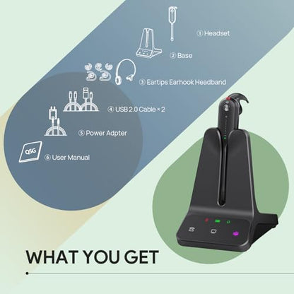 Yealink DECT Wireless Headset,Single Ear (Mono) Convertible Office Headset | WH63 E2 UC,Noise Canceling Mic,607Ft Range,3 Wearing Styles,Connects to Desk Phone and Computer/PC/Laptops
