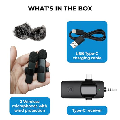 Wireless Lavalier Microphone 2.4G Dual Lapel Mic for iPhone Android Camera – Noise Cancelling Clip On Microphone for YouTube, TikTok, Vlogging, Video Recording