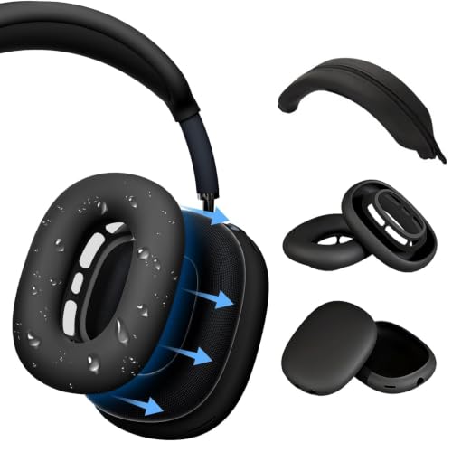 Moloppo Silicone Ear Covers and Zippered Headband Protector for AirPods Max, Sweatproof Gym Accessories for AirPod Max Headphones, Anti-Slip Ear Cups Shell Fit for Active Workouts, Black