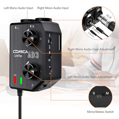 Comica LINKFLEX.AD3 2-Channel XLR/3.5mm/6.35mm Microphone Audio Mixer Preamp with Phantom Power, Real-time Monitoring, Guitar Audio Interface Microphone for DSLR Cameras Camcorders Smartphones Tablets | XLR/3.5mm/6.35mm mic preamp mixer, 48V phantom & ste