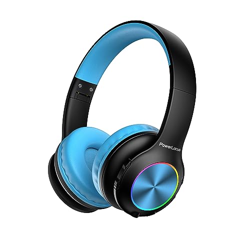 PowerLocus PLED Kids Bluetooth Headphones, Kids Wireless Headphones with LED Lights, 74/85/94dB Safe Volume, Micro SD, AUX Cable, Hi-Fi Stereo, Built-in Mic Over Ear Kid Headphone for Travel/Tablet/PC - color: Black/Blue