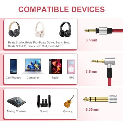 Alitutumao Replacement 3.5mm to 3.5mm & 6.5mm Aux Auxiliary Audio Cable, Headphone Extension Cord Compatible with Monster Beats Solo Pro Detox by Dr Dre Headphones (Red) - color: Red
