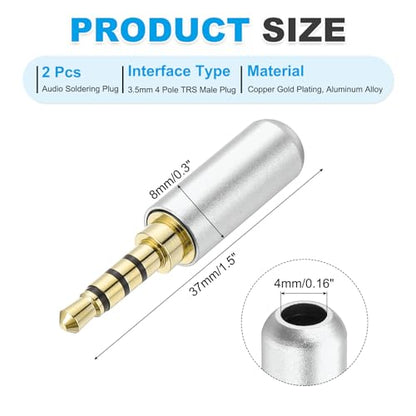 MECCANIXITY 2Pcs 3.5mm Replacement Repair Plug Jack, 4 Pole Metal Stereo Male Plug 3.5mm Solder DIY Audio Cable Connector for Headphone Earphone Microphone Cable Repair, Silver Tone - color: Silver Tone