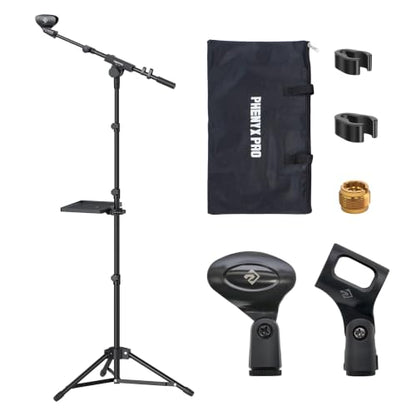 Phenyx Pro Adjustable Microphone Stand with Large Tray MA-S1 | 22 x 16 cm Tray, Adjustable Height, Dual Mic Clips, Carrying Bag, Live Streaming, Recording, Speeches