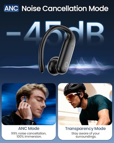 LEEMC Wireless Earbuds Bluetooth 6.0 with ANC Touchscreen 40H Bass | Noise Cancelling Ear Buds with Ear Hooks for iOS, Android, Sports, Workout, Lightweight Over-ear Headphones Stereo Sound