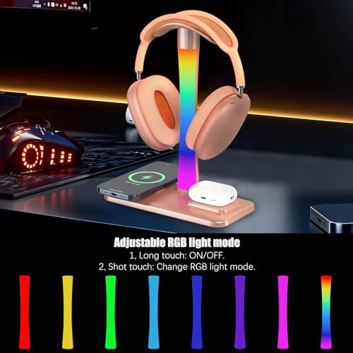 Headphone Stand with Wireless Charger,Gaming Headset stand with RGB Light Mode,For Airpod Max Stand Compatible with Airpod Pro/3/2,For iPhone 17/16/15/14/13/12/11,Gifts for Gamers & Music Lover (Gold) - color: Gold