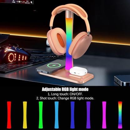 Headphone Stand with Wireless Charger,Gaming Headset stand with RGB Light Mode,For Airpod Max Stand Compatible with Airpod Pro/3/2,For iPhone 17/16/15/14/13/12/11,Gifts for Gamers & Music Lover (Gold) - color: Gold