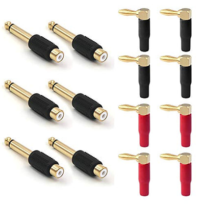 VCE 6-Pack RCA to 1/4" Audio Adapter Bundle with Right Angle Banana Plugs, 90 Degree 4mm Gold Plated Dual Screw Type Speaker Connector for Speaker Wire,Red and Black