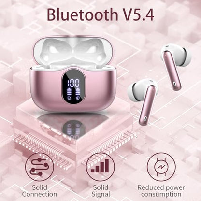 Wireless Earbuds Bluetooth 5.3 Headphones Bass Stereo Ear Buds with Noise Cancelling Mic LED Display in Ear Earphones IP7 Waterproof 36H Playtime for Laptop Pad Phones Sports Workout Pink Gold | Ear Buds with Noise Cancelling Mic LED Display, 36H, IP7 Wat