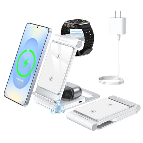 Wireless Charger for Samsung, 3 in 1 Wireless Charging Station Foldable | Stand for Galaxy S26 S25 Ultra Plus FE S24 S23 S22 S21 S20 Z Flip/Z Fold/Note Series, Galaxy Watch 9/8/7/6/5/4/3, Galaxy Buds - color: White Grey