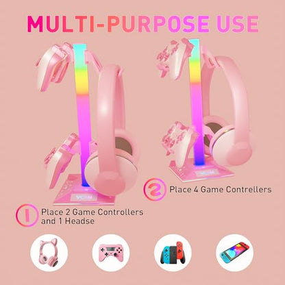 VCOM RGB Gaming Headphones Stand with 2 USB Ports, Pink Headset Stand with 10 Light Modes and Non-Slip Rubber, Suitable for PC Desk Accessories Gamers Gift(Pink)