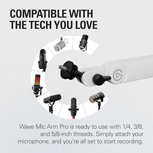 Elgato Wave Mic Arm Pro White, Gas Spring Mic Arm | Supports up to 3kg, Silent gas-spring adjustment, Hidden cable channels, Padded clamp, Compatible with most mic brands - color: White