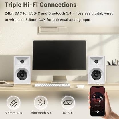 Sanyun SW203 3" 2.0 Computer Speakers, Expanded Stereo Field, Triple-DSP | Built-in 24bit DAC, USB-C/Bluetooth 5.4/AUX, 60W Carbon Fiber Woofer & Silk Dome Tweeter, for Desktop PC Gaming (Pair, White) - color: White