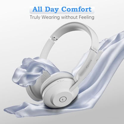 Bluetooth Wireless Headset with Mic for Work, Advanced Noise Reduction Microphone, Clear Calls - Comfortable On-Ear Headphones, Bluetooth 5.3, Applicable to Laptop, PC, Zoom, Office(White) - color: White