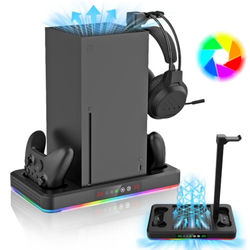 SOTY Cooling Fan & Charging Stand for Xbox Series X /S Console & Controller | Dual controller Charger Dock & Cooling Stand, 10 Mode RGB Lights, Headset Hanger, Metal Base for Xbox Series X/S Accessories.