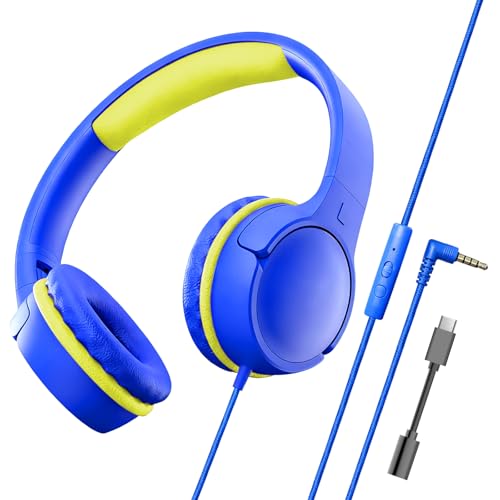 Kids Headphones with Mic, 85/94dB Volume Limit, 3.5mm & USB-C - color: Blue Lemon