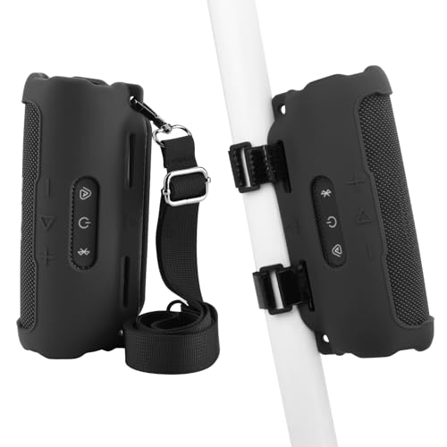 Silicone Case Compatible with JBL Flip 7 Speaker, Shockproof Protective Cover Soft Skin Silicone Cover with Shoulder Strap and Hook and Loop Straps for Bike Golf Cart Rail Mounting (Black) - color: Black