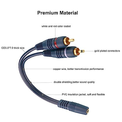 2Pcs 3.5mm to RCA Stereo Audio Y Cable RCA to AUX Adapter for TV Speaker | 3.5mm female to 2 RCA male adapter, gold-plated for clear stereo sound, 9-inch short cable for TV, smartphones, Headphones