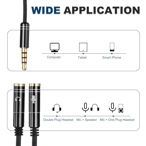 MECCANIXITY Audio Cable Splitter, 3.5mm Male to Dual 3.5mm Female Y Splitter Microphone and Audio Jack Adapter for PC Laptop Smartphone, 1ft, Black - color: Black