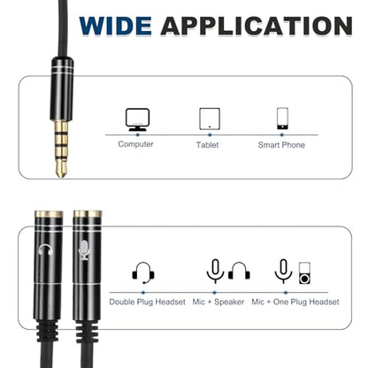 MECCANIXITY Audio Cable Splitter, 3.5mm Male to Dual 3.5mm Female Y Splitter Microphone and Audio Jack Adapter for PC Laptop Smartphone, 1ft, Black - color: Black
