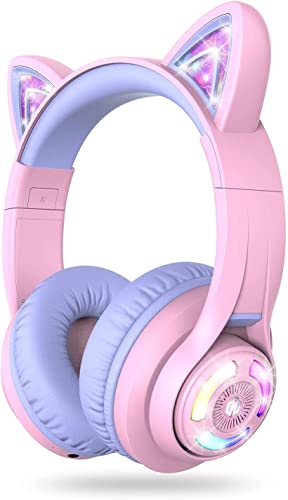 iClever BTH13 Kids Bluetooth Headphones for Girls, LED Cat Ear Travel Gift | SafeSound Tech, 50H Playtime, USB C Charging, AUX Cable, Stereo Sound, Kids Headphones Wireless with Mic for Tablet, Purple - color: Light Purple