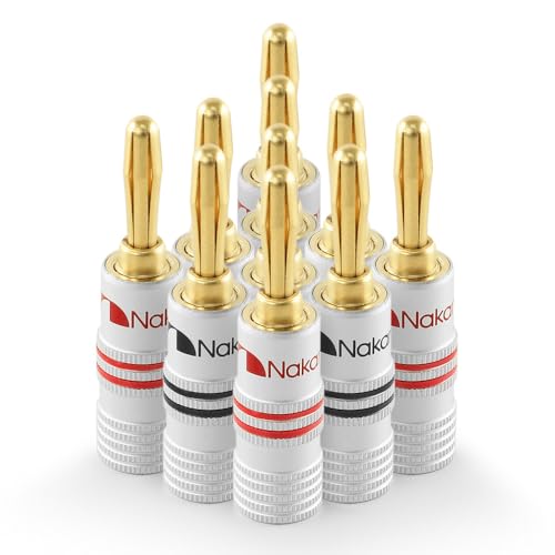 Nakamichi GrubLock Excel Series 24k Gold Plated Banana Plugs, 10-18 AWG | Gauge Size 4mm for Speakers Amplifier Hi-Fi AV Receiver Stereo Audio Wire Cable Screw Connector, 10 Pcs (5-Pairs) - size: 10 Pcs (5-Pairs)