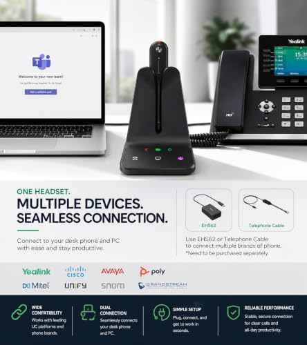 Yealink WH63 E2 Teams Wireless DECT Headset for Microsoft Teams, Convertible Mono Office Headset with Dual Noise Canceling Mics, Acoustic Shield, USB Base, 606 ft Range, 8H Talk Time