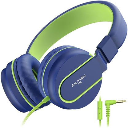 AILIHEN I35 Kids Headphones for School with Mic, 93dB Safe Volume, Green | Wired On Ear Headphones for Girls Boys, 3.5mm Foldable Lightweight for Classroom Chromebook, Laptop, Computer, Tablet - color: Blue Green