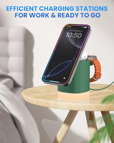 Wireless Charging Station for Apple Mag-Safe: JoyGeek 3 in 1 Magnetic Foldable Charger Stand for iPhone 16 15 14 13 12 Pro Max Plus - Apple Watch 10 9 8 7 6 5 4 SE - AirPods Pro 2/3/4 - color: Dark Green
