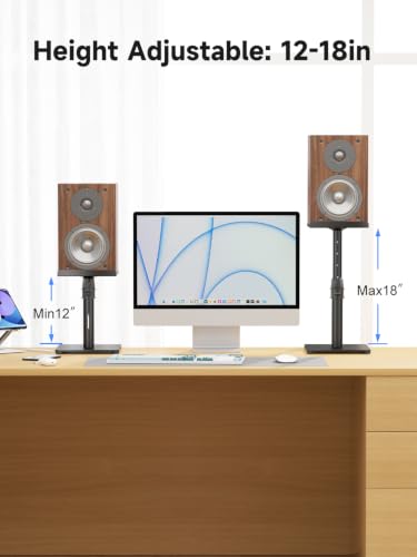Suptek Desktop Speaker Stand Set, 9.6 x 8.8 inch Trays, 12-18" Height Adjustment and Tilt, Large Audio Holders for Computer and Bookshelf Speakers, Elevated Sound, 2 Pack, Black, SDM001TH - color: Black, size: 9.6" x 8.8" x 18"