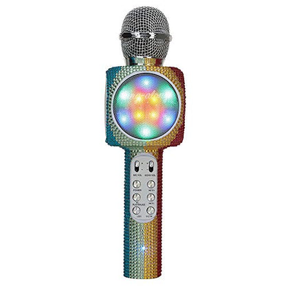 Sing-Along Bling Bluetooth Karaoke Microphone with LED for Karaoke Speaker | Rechargeable Bedazzled Microphone, Wireless Karaoke Microphone with LED Lights, SD Card Slot, Skip Tracks - Confetti Bling - color: Rainbow Bling