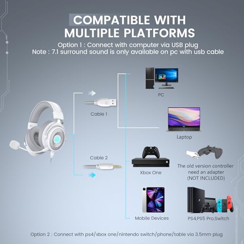 EKSA USB Gaming Headset for PC, Computer Headphones with Detachable Noise Cancelling Microphone, 7.1 Surround Sound, 50MM Driver, Wired Headset with Mic for PS4/PS5, Xbox One, Laptop, Work - color: Wired White