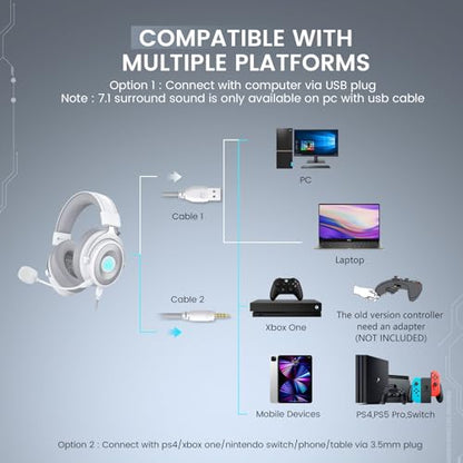 EKSA USB Gaming Headset for PC, Computer Headphones with Detachable Noise Cancelling Microphone, 7.1 Surround Sound, 50MM Driver, Wired Headset with Mic for PS4/PS5, Xbox One, Laptop, Work - color: Wired White