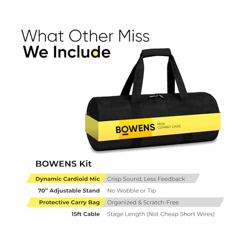Bowens Dynamic Microphone for Singing with Adjustable Mic Stand (18–70”), 17" Boom, Handheld Microphone for Speakers, Karaoke – Includes Cable, Adapter, Foam Covers & Case