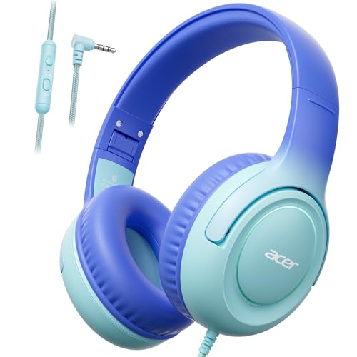 Acer Kids Headphones for School, 85-94dB Limiter, 3.5mm Jack, w/Mic HK03 | Foldable Wired Over Ear Headphones, for Toddler School/Travel/iPad/Tablet, Blue-Gradient - color: Blue Gradient