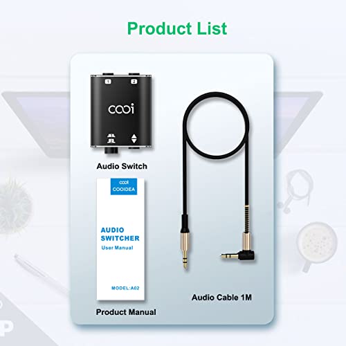 3.5mm Stereo Audio Switcher (1 in 2 Out/2 in 1 Out) | with 3.5mm Audio Cable, 2 Ports AUX Audio Speaker Selector, for PC Phone Laptop Headphone