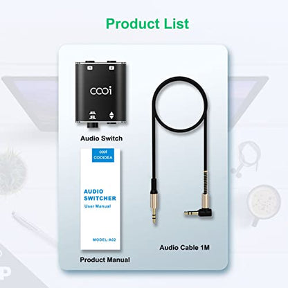 3.5mm Stereo Audio Switcher (1 in 2 Out/2 in 1 Out) | with 3.5mm Audio Cable, 2 Ports AUX Audio Speaker Selector, for PC Phone Laptop Headphone