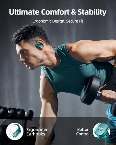 Wireless Earbuds Bluetooth Headphones Over Ear Hooks Ear Buds with 80H Playtime, LED Power Display, Dual Mic Clear Calls, Sports Wireless Ear Buds Bluetooth Earbuds for Running Gym Workout (Green) - color: Green