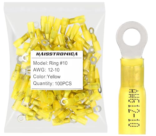 haisstronica 100PCS Heat Shrink Ring Terminals, 12-10 AWG, #10, Yellow | Battery and Ground Stud Connections, 1.0 mm Copper Barrel, 3:1 Adhesive-Lined Seal, Automotive Wiring Repairs, Ring Connector - color: Yellow, size: Ring #10