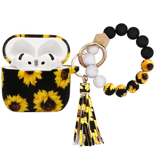 Case Compatible with AirPods 4 Case,Soft Silicone Cover with Bracelet Lanyard and Keychain, Cute Wireless Charging Protective Case for Apple AirPods 4th for Women and Men (Sunflower) - color: Sunflower