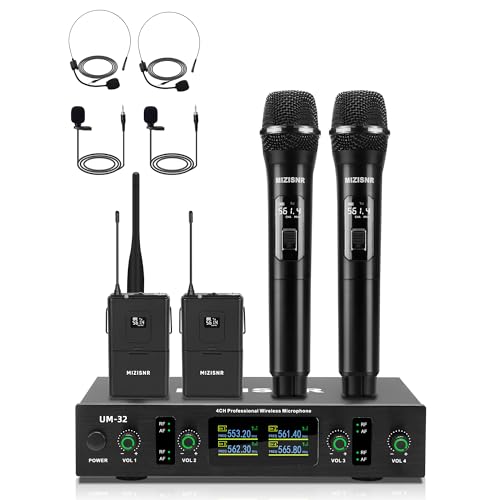 Lapel Wireless Microphone System with Headset & Lavalier Mics, 4 Channel UHF Metal Receiver with 2 Handheld Microphones & 2 Bodypacks, 300ft Range for Singing, Church, Karaoke, Wedding