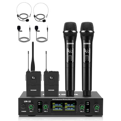 Lapel Wireless Microphone System with Headset & Lavalier Mics, 4 Channel UHF Metal Receiver with 2 Handheld Microphones & 2 Bodypacks, 300ft Range for Singing, Church, Karaoke, Wedding